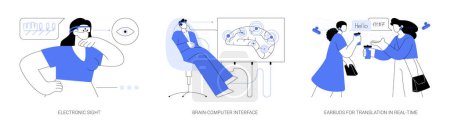 Illustration for Human abilities augmentation abstract concept vector illustration set. Smart glasses for poor eyesight people, brain computer interface system, earbuds for real-time translation abstract metaphor. - Royalty Free Image