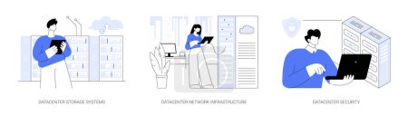 Illustration for Datacenter core components abstract concept vector illustration set. IT engineer work with datacenter storage, network infrastructure, hardware maintenance, security system abstract metaphor. - Royalty Free Image