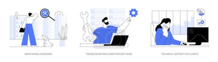 Illustration for Network technician abstract concept vector illustration set. Concentrated network technician checking hardware, troubleshooting computer software, technical client support abstract metaphor. - Royalty Free Image