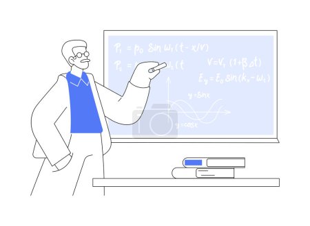 Illustration for Teaching physics abstract concept vector illustration. Physics teacher writing formula on blackboard in classroom, university study, science sector, education process abstract metaphor. - Royalty Free Image
