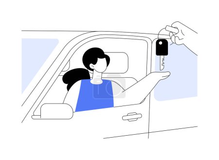 Illustration for Rental car pick up point abstract concept vector illustration. Smiling woman getting the keys from rental car, commercial city transport, urban vehicle carsharing service abstract metaphor. - Royalty Free Image