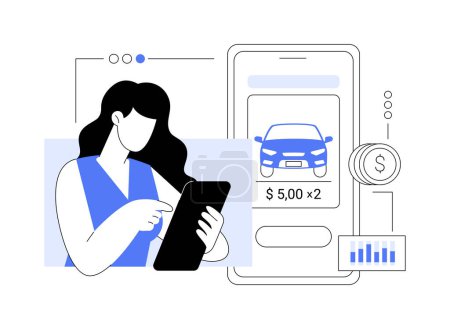 Illustration for Ride dynamic pricing abstract concept vector illustration. Woman use taxi app to calculate a ride pricing, ordering a commercial city transport, rideshare company services abstract metaphor. - Royalty Free Image
