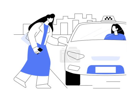 Boarding a taxi abstract concept vector illustration. Woman boards a vehicle with driver, commercial city transport, transportation network company, ride-hailing service abstract metaphor.