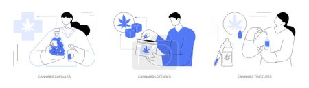 Illustration for Medical cannabis products abstract concept vector illustration set. Cannabis capsules, lozenges and tinctures, CBD herbal drug, legalized medical marijuana, hemp oil use abstract metaphor. - Royalty Free Image