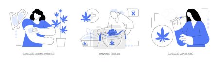 Illustration for Legalized marijuana abstract concept vector illustration set. Cannabis dermal patches, marijuana edibles, herbal drug vaporizers, medical CBD products, cannabis chocolate cookies abstract metaphor. - Royalty Free Image
