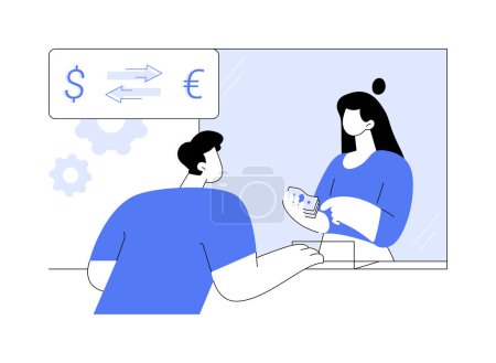 Illustration for Currency exchange abstract concept vector illustration. Brick and mortar bank worker gives money to the client, cash deposit and withdrawal, currency exchange, remittance idea abstract metaphor. - Royalty Free Image