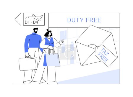 Illustration for Duty free shop abstract concept vector illustration. Happy young couple shopping in airport duty free, tax free business, discount goods, money refund, make a purchase abstract metaphor. - Royalty Free Image