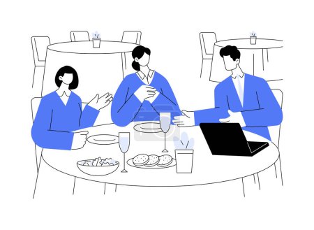 Téléchargez les illustrations : Déjeuner d'affaires concept abstrait illustration vectorielle. Groupe de collègues divers lors d'un déjeuner d'affaires, les travailleurs de l'entreprise manger de la nourriture dans le restaurant et parler, métaphore abstraite de la vie de bureau. - en licence libre de droit
