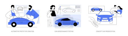 Illustration for Vehicle prototype abstract concept vector illustration set. Automotive prototype creation, car aerodynamics testing, concept car presentation show, automotive industry abstract metaphor. - Royalty Free Image