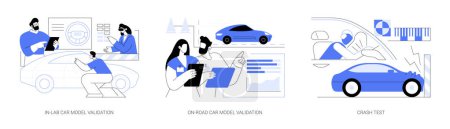 Illustration for Automobile safety testing abstract concept vector illustration set. In-lab and on-road car model validation, crash test, engineers in laboratory, vehicle manufacturing industry abstract metaphor. - Royalty Free Image