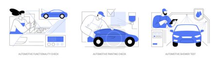 Illustration for Car quality inspection abstract concept vector illustration set. Automotive engine functionality check, painting quality inspection, vehicle shower test, waterproofing abstract metaphor. - Royalty Free Image