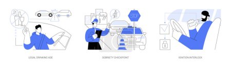 Motor-vehicle safety abstract concept vector illustration set. Legal drinking age, sobriety checkpoint, ignition interlock, enforcement officer, vehicle crash death, public health abstract metaphor.