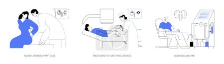 Urology abstract concept vector illustration set. Kidney stones symptoms, treatment of urethral stones, dialysis machine, patient with backache, nephrologist consultation abstract metaphor.