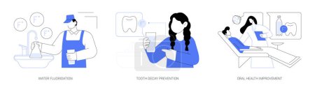 Illustration for Fluoridation of drinking water abstract concept vector illustration set. Water fluoridation, tooth decay prevention, oral health improvement, public health medicine abstract metaphor. - Royalty Free Image