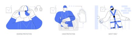 Personal protective equipment at construction site abstract concept vector illustration set. Hearing protection, hand protective gloves, safety belt, building accident prevention abstract metaphor.