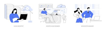 Illustration for Cloud engineering abstract concept vector illustration set. Cloud security architect, DevOps engineer, edge computing, data center manager with laptop discuss problem, IT industry abstract metaphor. - Royalty Free Image
