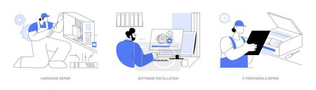 Illustration for System administration abstract concept vector illustration set. Computer technician fixing hardware, assembling computer, professional software installation, IT peripherals repair abstract metaphor. - Royalty Free Image