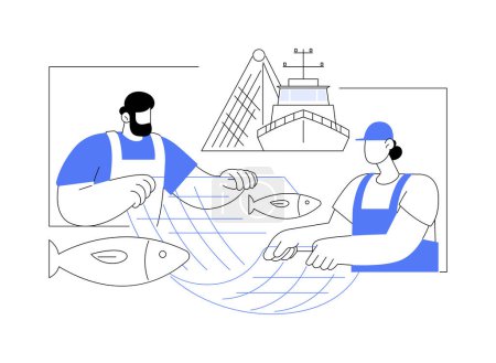 Illustration for Fishing with net abstract concept vector illustration. Group of people using net for fishing, commercial water transportation, sea transport industry, recreation activity abstract metaphor. - Royalty Free Image