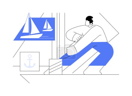 Illustration for Yacht maneuvering abstract concept vector illustration. Man making tacking sailing maneuver, personal yacht, boat owner, water transport, luxury vessel, maritime vehicle abstract metaphor. - Royalty Free Image