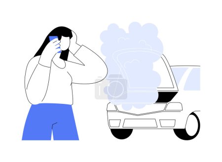 Illustration for Overheated engine abstract concept vector illustration. Stressed woman panics because of the cars overheated engine, personal transport damage, road accident, vehicle breakdown abstract metaphor. - Royalty Free Image