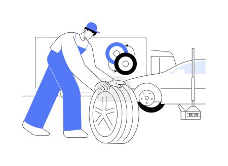 Illustration for Mobile tire service abstract concept vector illustration. Repairman changes auto tires, road accident, professional vehicle maintenance services, personal transport breakdown abstract metaphor. - Royalty Free Image