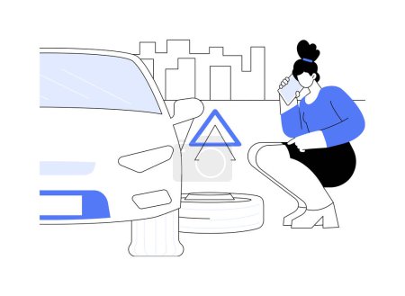 Illustration for Flat tire problem abstract concept vector illustration. Woman with smartphone calls an insurance company worker, damaged personal transport, road accident, car breakdown abstract metaphor. - Royalty Free Image