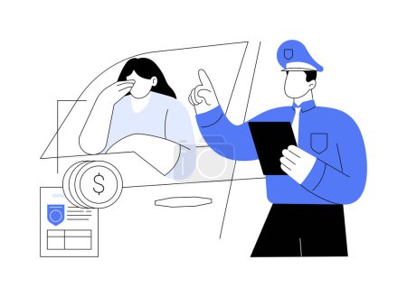 Illustration for Violate traffic rules abstract concept vector illustration. Policeman writes a woman a fine for traffic violations, personal transport owner, road accident, car breakdown abstract metaphor. - Royalty Free Image