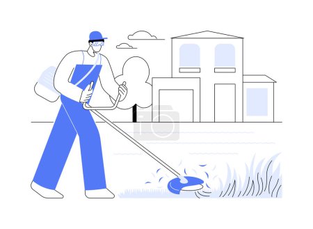 Lawn care service abstract concept vector illustration. Man in protective mask mows the grass, private house maintenance service, kill a mold, remediation in landscaping abstract metaphor.