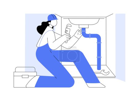 Illustration for Plumber service abstract concept vector illustration. Plumber in uniform repairing sink and pipes, mold disease, private house maintenance service, sewerage renovation process abstract metaphor. - Royalty Free Image