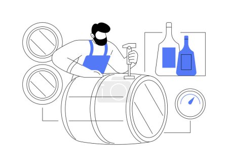 Illustration for Aging spirits abstract concept vector illustration. Worker checking barrel whiskey, beverage production, alcohol drink manufacturing industry, hard liquor distillery abstract metaphor. - Royalty Free Image