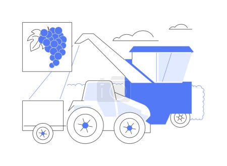 Illustration for Mechanical harvesting of grapes abstract concept vector illustration. Process of harvesting grapes using machinery equipment, food industry, wine production, drink manufacturing abstract metaphor. - Royalty Free Image