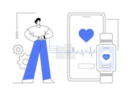 Illustration for Smartwatch heart rate monitoring abstract concept vector illustration. Person checking heart rate using smartwatch and smartphone, mobile technology, healthcare innovation abstract metaphor. - Royalty Free Image