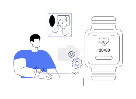 Illustration for Smartwatch blood pressure monitoring abstract concept vector illustration. Person checks blood pressure with smartwatch, healthcare innovation, mobile pulse measurement abstract metaphor. - Royalty Free Image