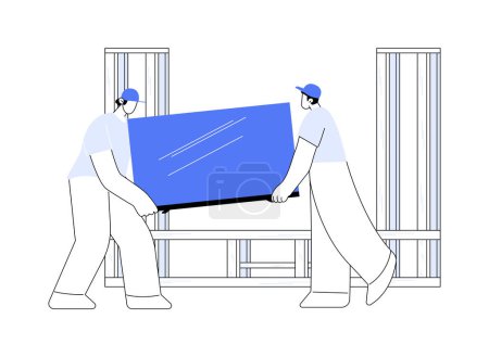 Illustration for Entertainment center installation abstract concept vector illustration. Group of contractors hanging a plasma display panel, repair company service, basement design abstract metaphor. - Royalty Free Image