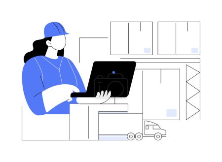 Order placement abstract concept vector illustration. Logistic woman controls order delivery with laptop, export business, foreign trade, goods transportation management abstract metaphor.
