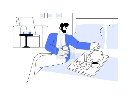 Illustration for In-room dining abstract concept vector illustration. Man eating in room, business travel, hotel service, in-room dining idea, accommodation facility, enjoying breakfast abstract metaphor. - Royalty Free Image