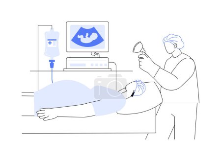 Illustration for Prenatal surgery abstract concept vector illustration. Pregnant woman on operating table in hospital with doctor, medicine sector, prenatal surgery, ultrasound procedure abstract metaphor. - Royalty Free Image