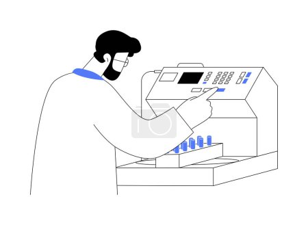 Illustration for Blood testing machine abstract concept vector illustration. Lab worker with blood tubes using hematology analyzer, medical examination, disease prevention, biotechnology sector abstract metaphor. - Royalty Free Image