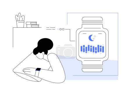 Ilustración de Smartwatch sueño seguimiento abstracto concepto vector ilustración. Mujer con smartwatch durmiendo, indicador de pulso en la pantalla, tecnología móvil, monitorización de la metáfora abstracta de la frecuencia cardíaca. - Imagen libre de derechos
