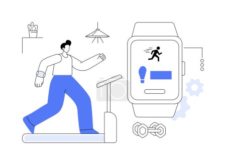 Illustration for Smartwatch advanced sport tracking abstract concept vector illustration. Man with smartwatch checks running metrics, fitness with gadgets, mobile technology, wireless connection abstract metaphor. - Royalty Free Image