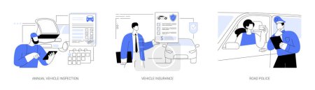 Illustration for Personal transport maintenance abstract concept vector illustration set. Annual vehicle inspection, car diagnostics service, car insurance, road police checks vehicle registration abstract metaphor. - Royalty Free Image