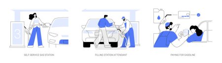 Illustration for Gasoline station abstract concept vector illustration set. Self-service gasoline station, gas jockey, paying for fuel with credit card, diesel and benzine, refueling car abstract metaphor. - Royalty Free Image