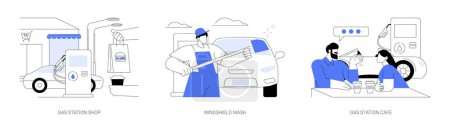 Illustration for Motorway facilities abstract concept vector illustration set. Buying food and take away coffee at gas station shop, windshield wash, gasoline station cafe, roadside car services abstract metaphor. - Royalty Free Image
