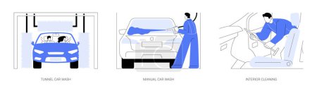 Illustration for Car wash services abstract concept vector illustration set. Tunnel and manual car wash, foam spray, windshield and interior cleaning, clean automotive surfaces, vehicle maintenance abstract metaphor. - Royalty Free Image
