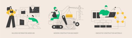 Illustration for Construction technology innovation abstract concept vector illustration set. Building information modeling, modern construction machinery, new construction material, heavy equipment abstract metaphor. - Royalty Free Image