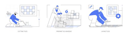 Tile flooring abstract concept vector illustration set. Builder in uniform cutting tiles, mixing adhesive and laying tile floor, porcelain and ceramic surface, interior works abstract metaphor.