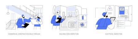 Illustration for Commercial construction progress inspection abstract concept vector illustration set. Commercial construction walk-through, building code and electrical inspection, writing a report abstract metaphor. - Royalty Free Image
