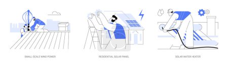 Illustration for Sustainable energy in construction abstract concept vector illustration set. Small-scale wind power, residential solar panel installing, solar water heater, eco-friendly building abstract metaphor. - Royalty Free Image