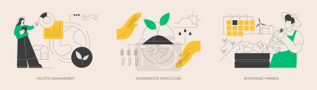 Illustration for Conservation and rehabilitation farming system abstract concept vector illustration set. Holistic management, regenerative agriculture, biodynamic farming, ecological biodiversity abstract metaphor. - Royalty Free Image