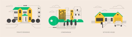 Illustration for Single family home abstract concept vector illustration set. Private residence, condominium, detached house, land ownership, real estate market, stand-alone household, appartment abstract metaphor. - Royalty Free Image